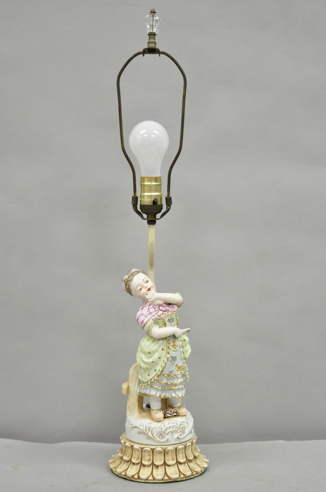 Antique Victorian French Porcelain Figure Dutch Girl in Dress Boudoir Table Lamp