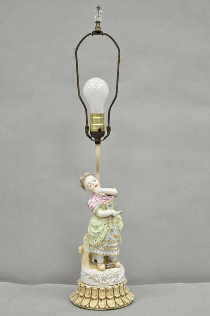 Antique Victorian French Porcelain Figure Dutch Girl in Dress Boudoir Table Lamp