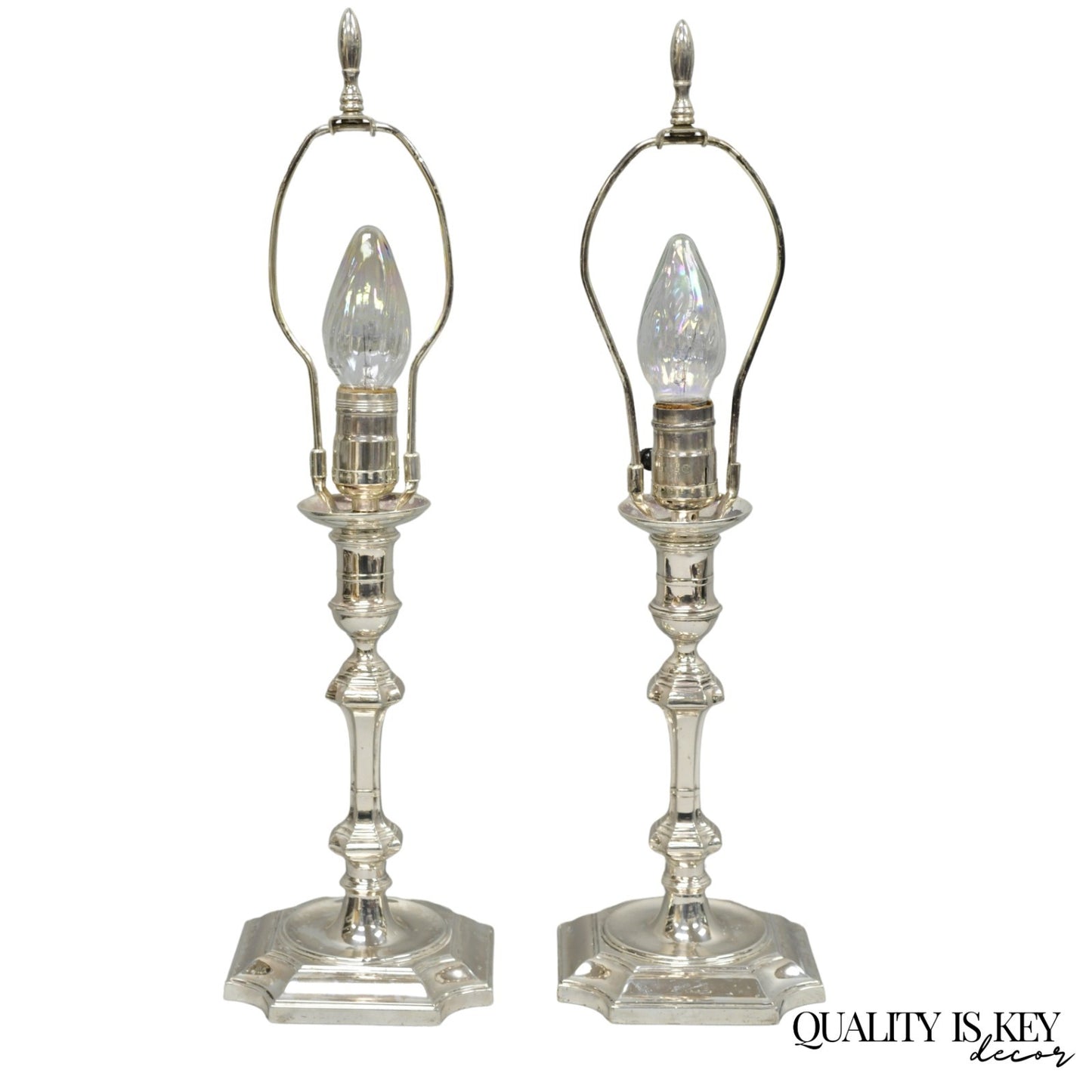 Antique English Regency Silver Plated Footed Candlestick Table Lamps - a Pair