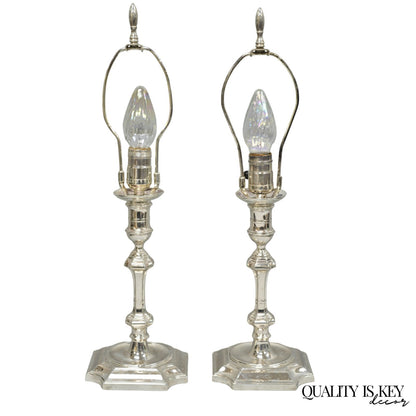 Antique English Regency Silver Plated Footed Candlestick Table Lamps - a Pair