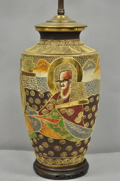 Vintage Japanese Oriental Porcelain Satsuma Vase Gold Gilt Figural Table Lamp