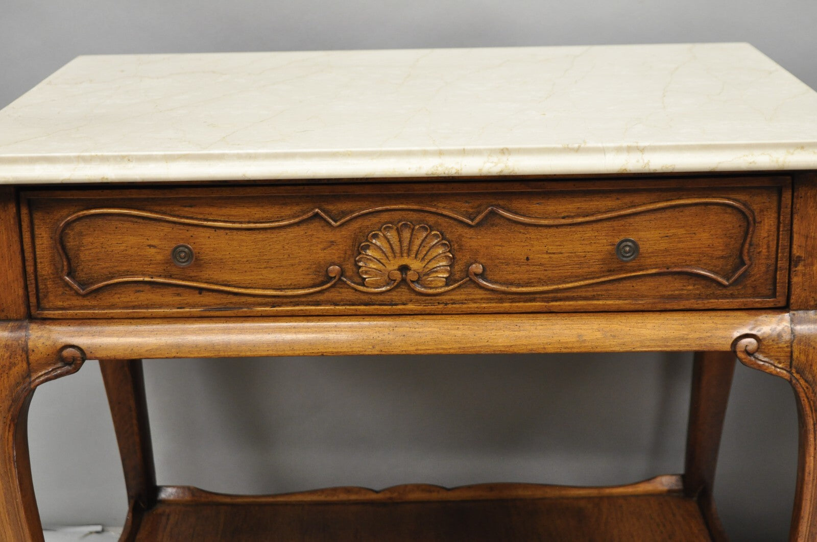 French Country Provincial Rectangle Travertine Marble Top Walnut End Table Pair