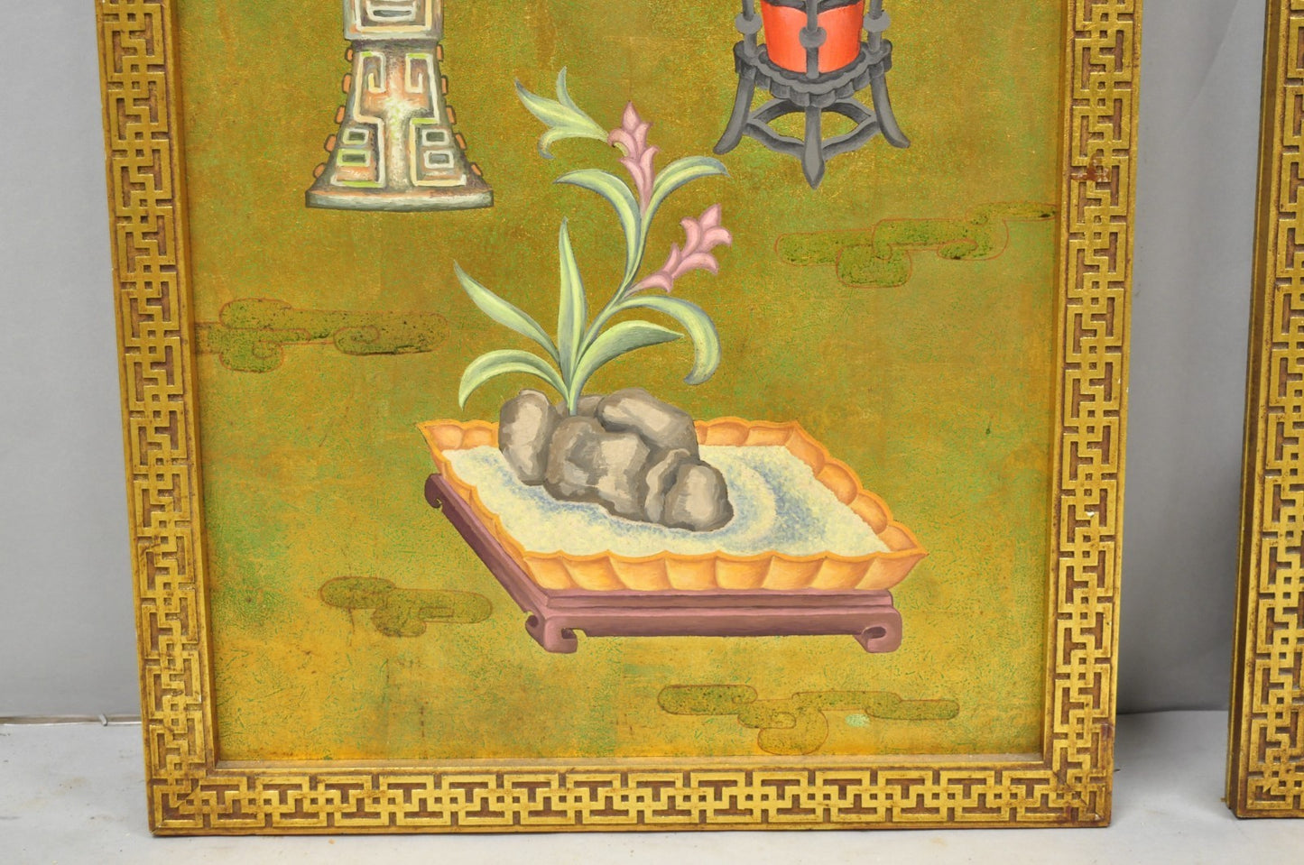 Vintage Chinoiserie Gold Hand Painted Chinese Vase Wall Panel Plaque - a Pair