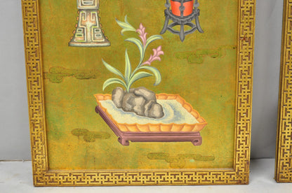 Vintage Chinoiserie Gold Hand Painted Chinese Vase Wall Panel Plaque - a Pair