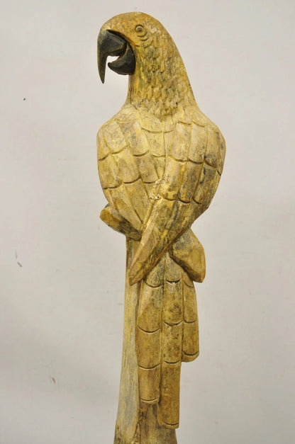 Large 46" Vintage Mid Century Carved Wood Perched Parrot Bird Statue Sculpture