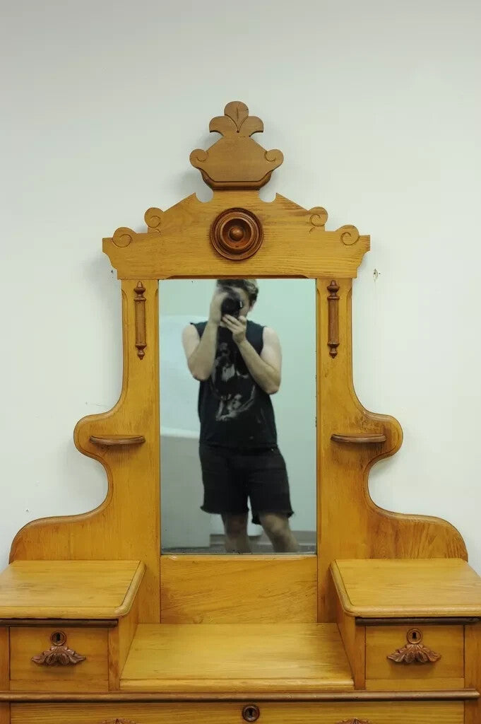 Antique Eastlake Victorian Carved Chestnut Step Down Cottage Dresser w/ Mirror
