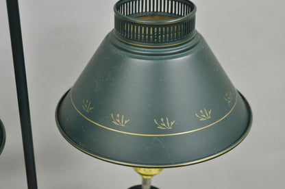 Vintage French Country Green Tole Metal Double Candlestick Table Lamp w/ Shades