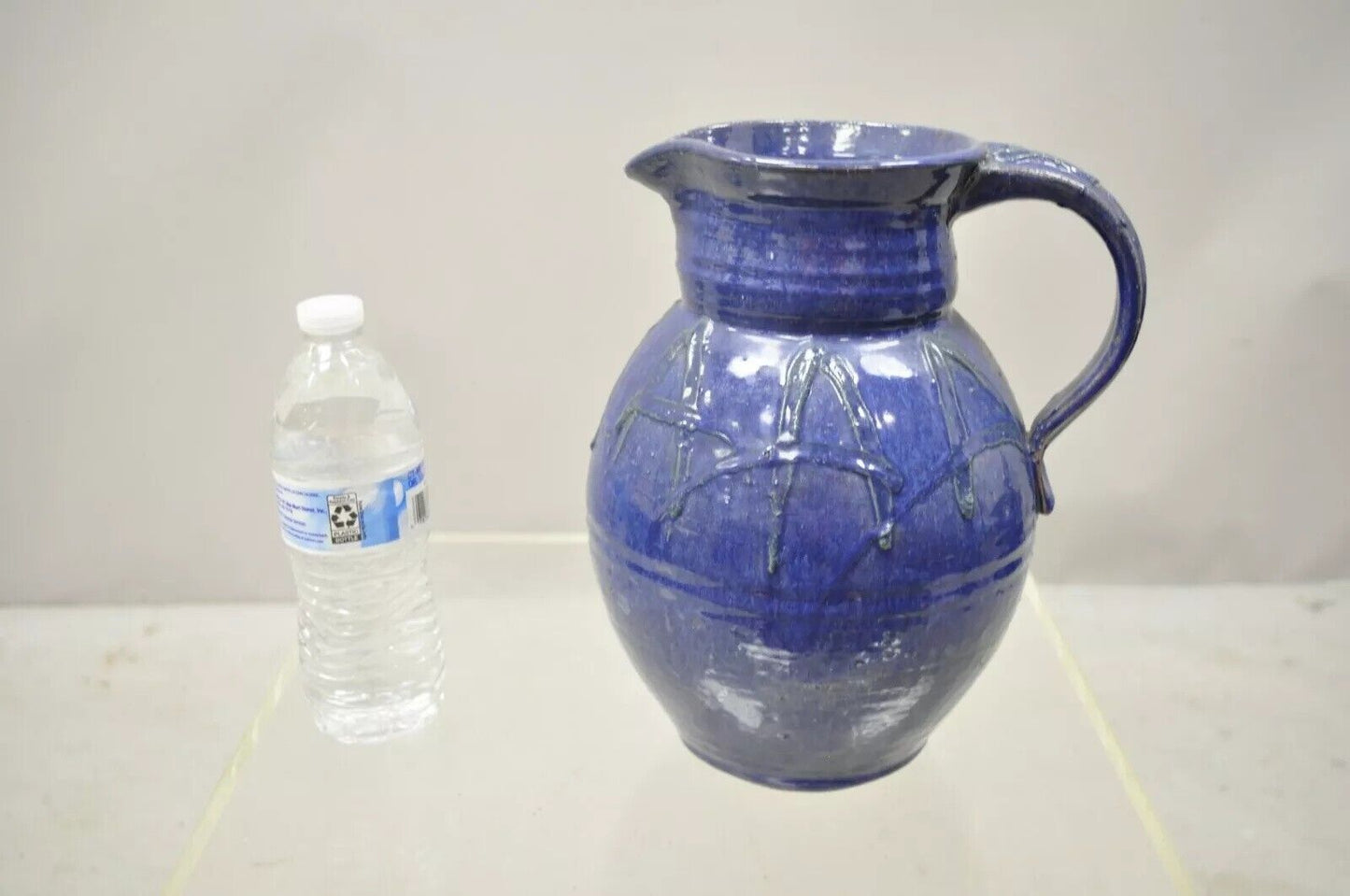 American Primitive Stoneware Blue Glazed Ceramic 11" Pottery Terracotta Jug