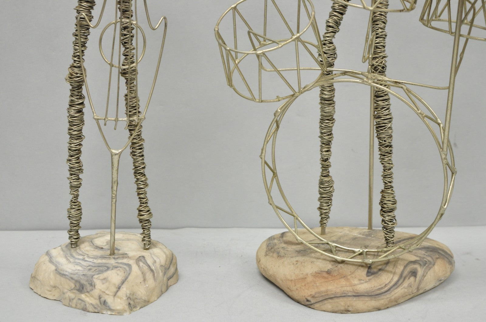 Vintage Mid Century Modern Brutalist Wire Musician Band Figure Sculpture - 2 Pc