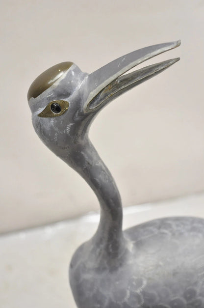 Vintage Hollywood Regency Pewter Metal 27" Crane Bird Garden Statue Hong Kong
