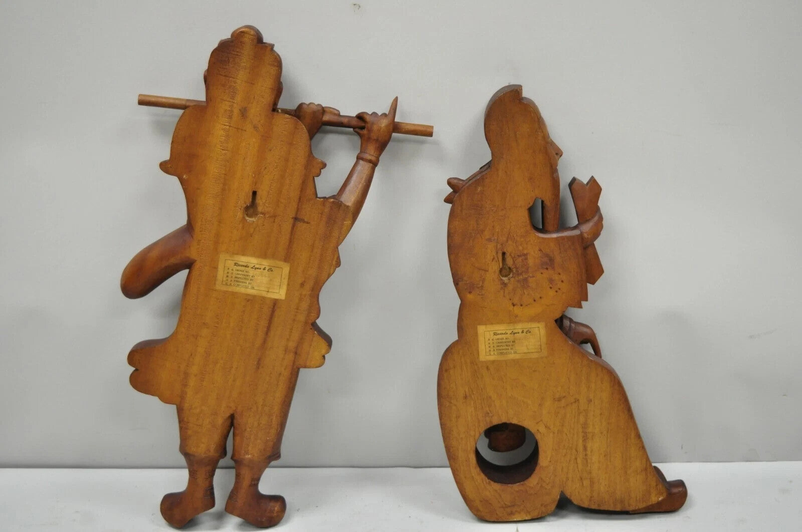 Vintage Ricardo Lynn Carved Teak Wood Oriental Figures Flute Player Wiseman Pair