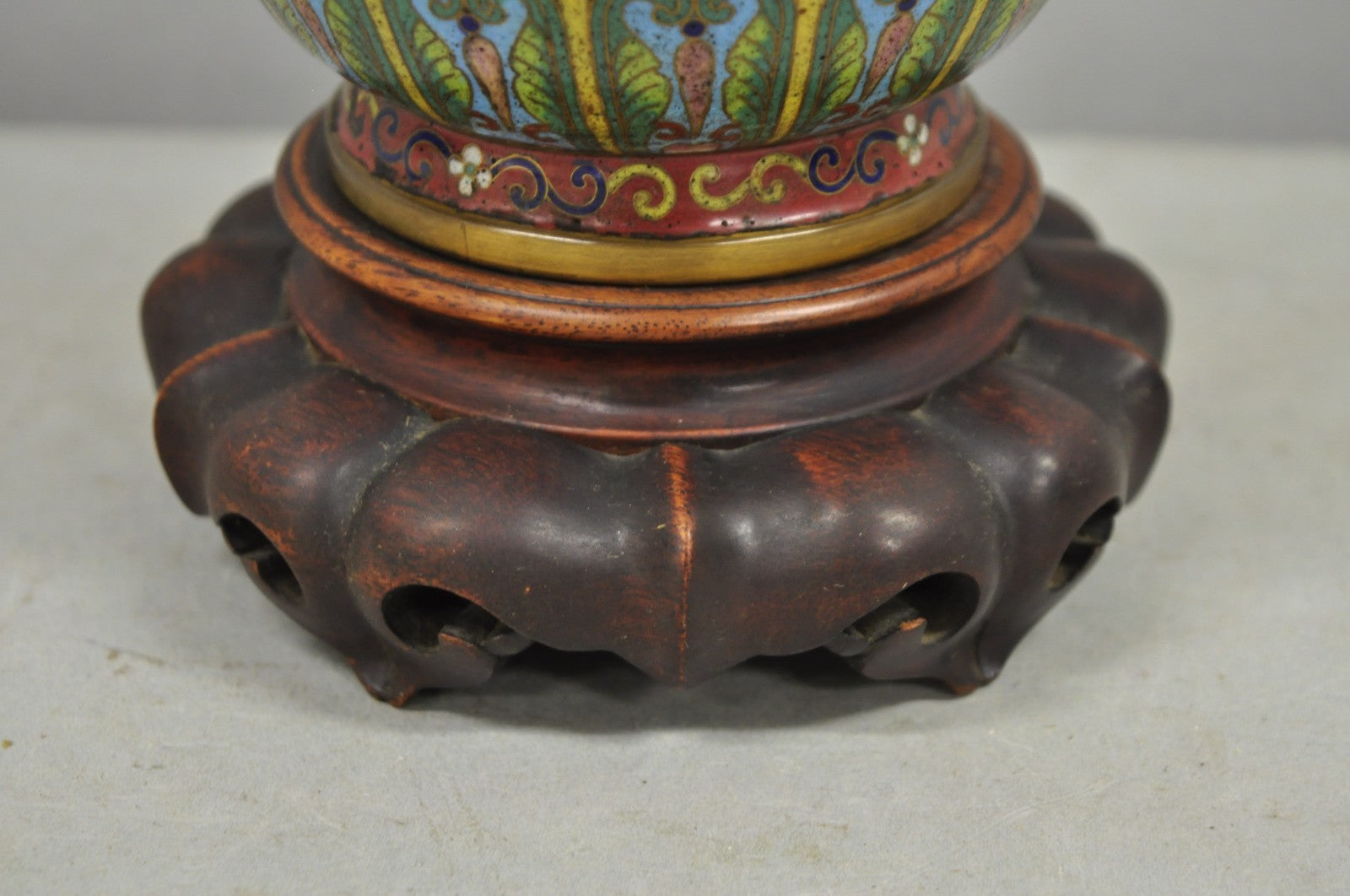 Vintage Chinese Porcelain Enamel Bronze Red Cloisonne Champleve Vase Table Lamp