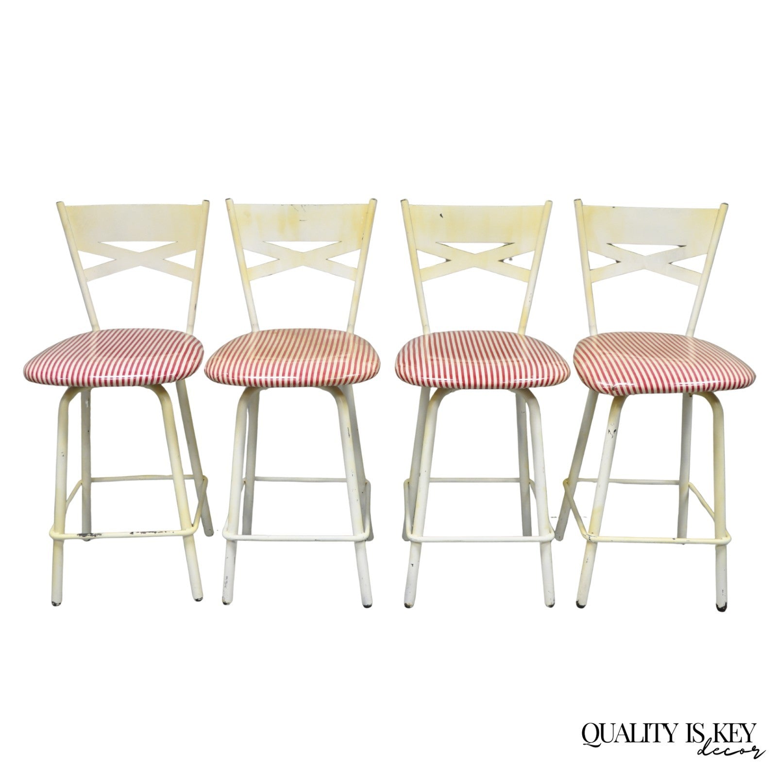 Vintage Modern Metal White Painted Swivel Amisco Counter Bar Stool - Set of 4