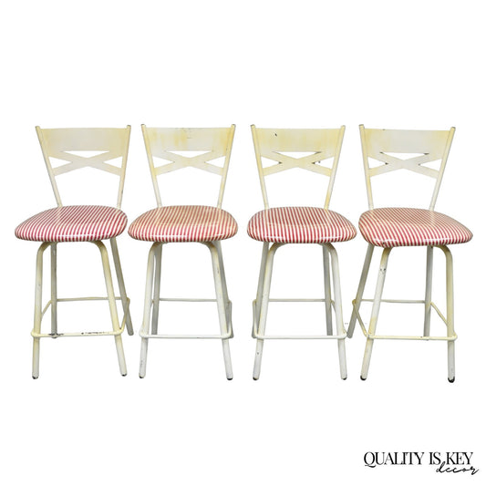 Vintage Modern Metal White Painted Swivel Amisco Counter Bar Stool - Set of 4