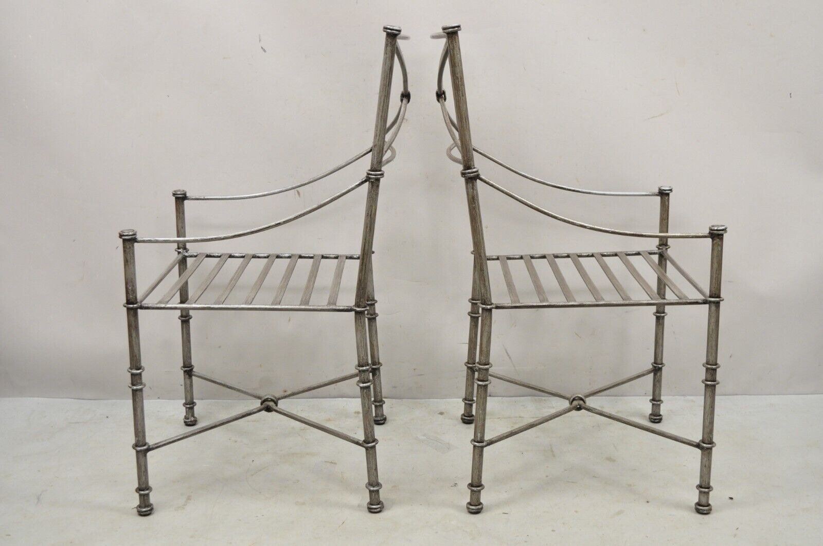 Pier 1 Medici Pewter Wrought Iron Dining Side Chairs - a Pair