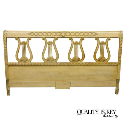 Vintage Italian Neoclassical Carved Lyre Harp Wooden King Size Bed Headboard