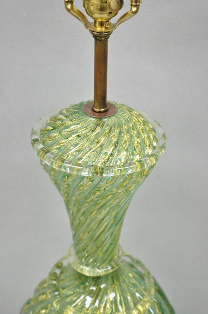 Vintage Barovier & Toso Murano Italy Green Swirl Glass Gold Flecks Table Lamp