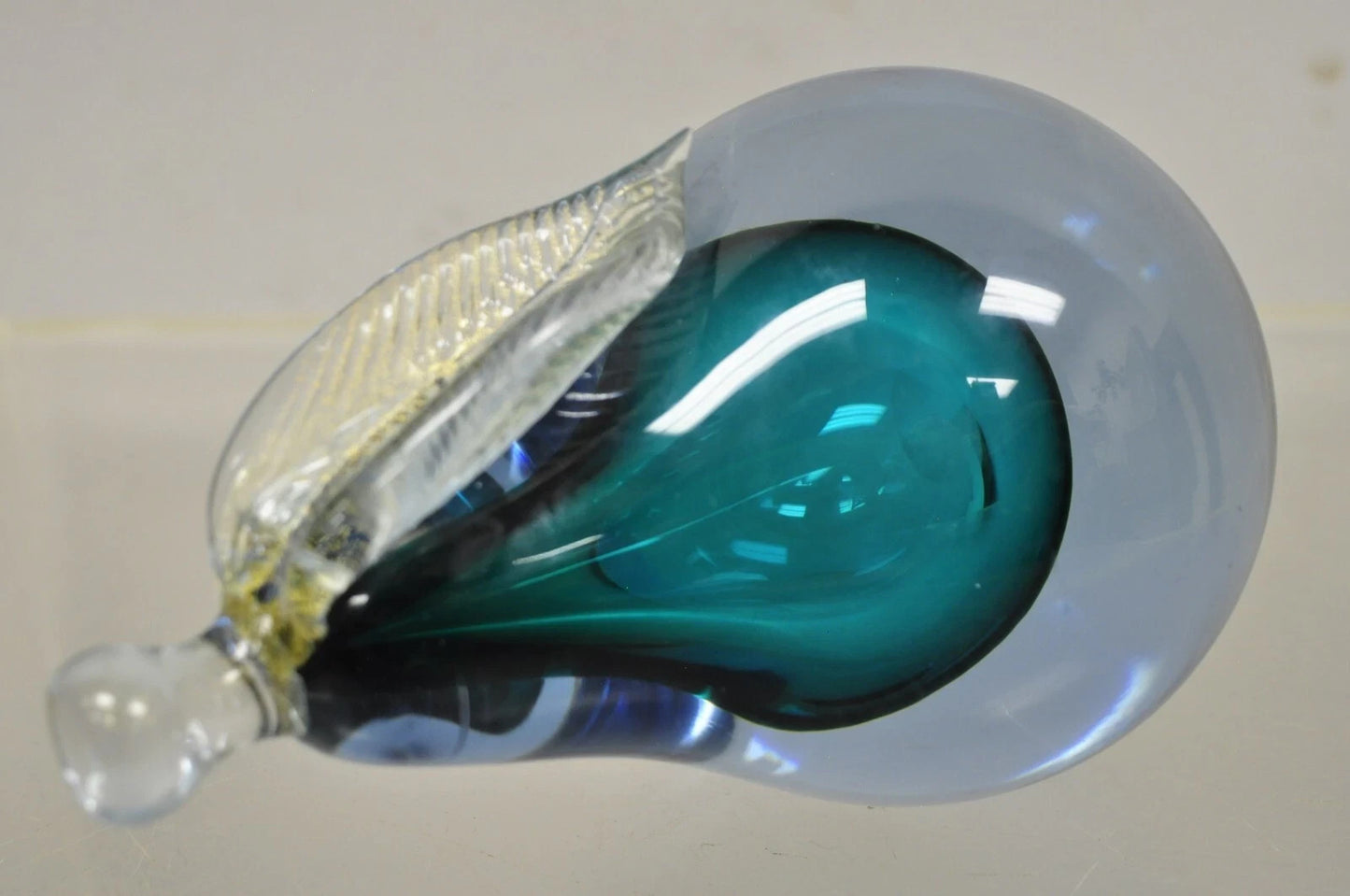 Italian Murano Blue 7" Blown Art Glass Pear Fruit Gold Flecks Leaf Paperweight