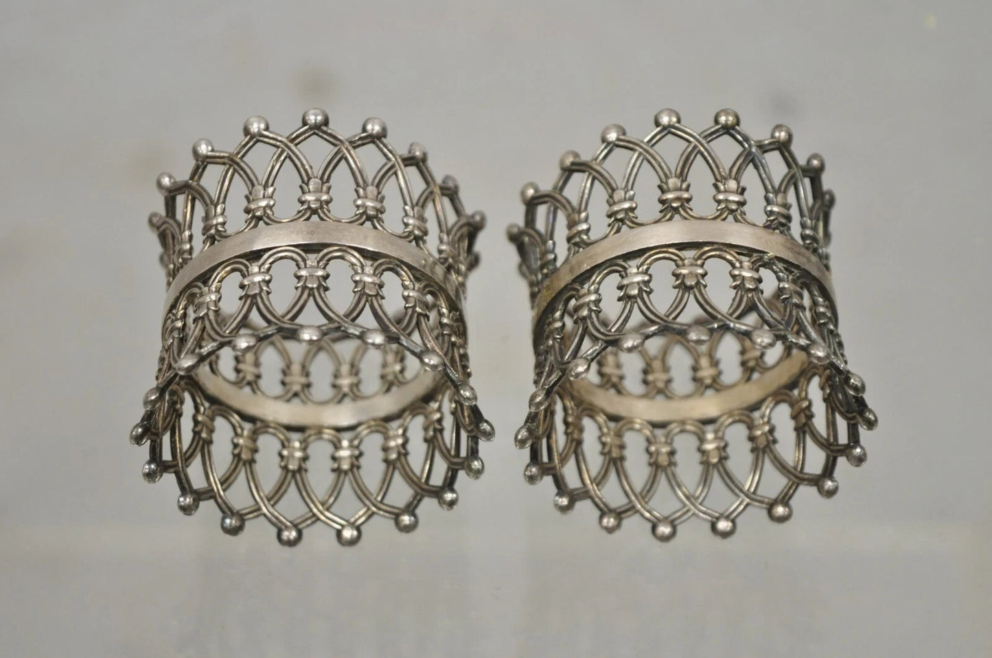 Antique English Victorian Silver Plated Fretwork Crown Napkin Rings - a Pair
