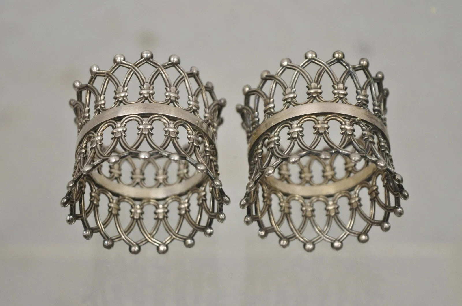 Antique English Victorian Silver Plated Fretwork Crown Napkin Rings - a Pair
