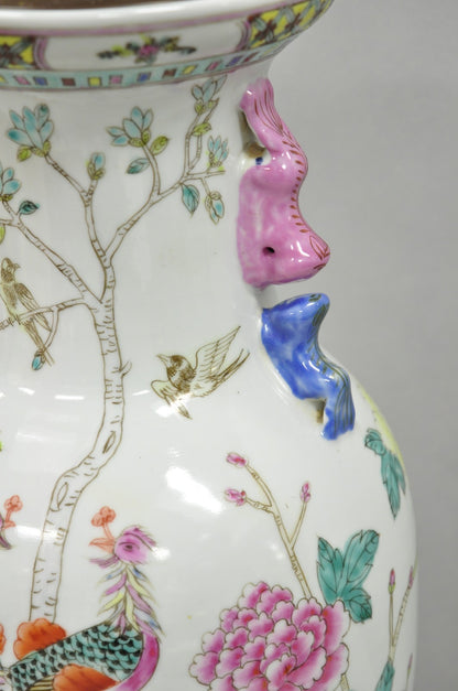 Vintage Oriental Porcelain Jardiniere Vase Bird and Flower Painted Table Lamp