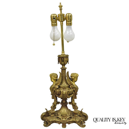 Antique French Louis XV Style Bronze Figural Winged Cherub Gold Table Lamp