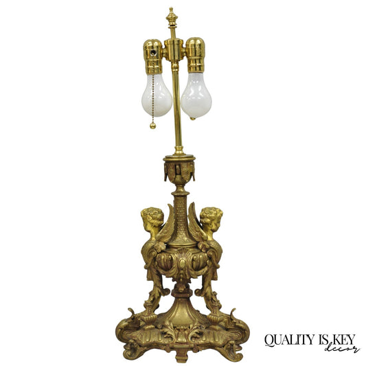 Antique French Louis XV Style Bronze Figural Winged Cherub Gold Table Lamp
