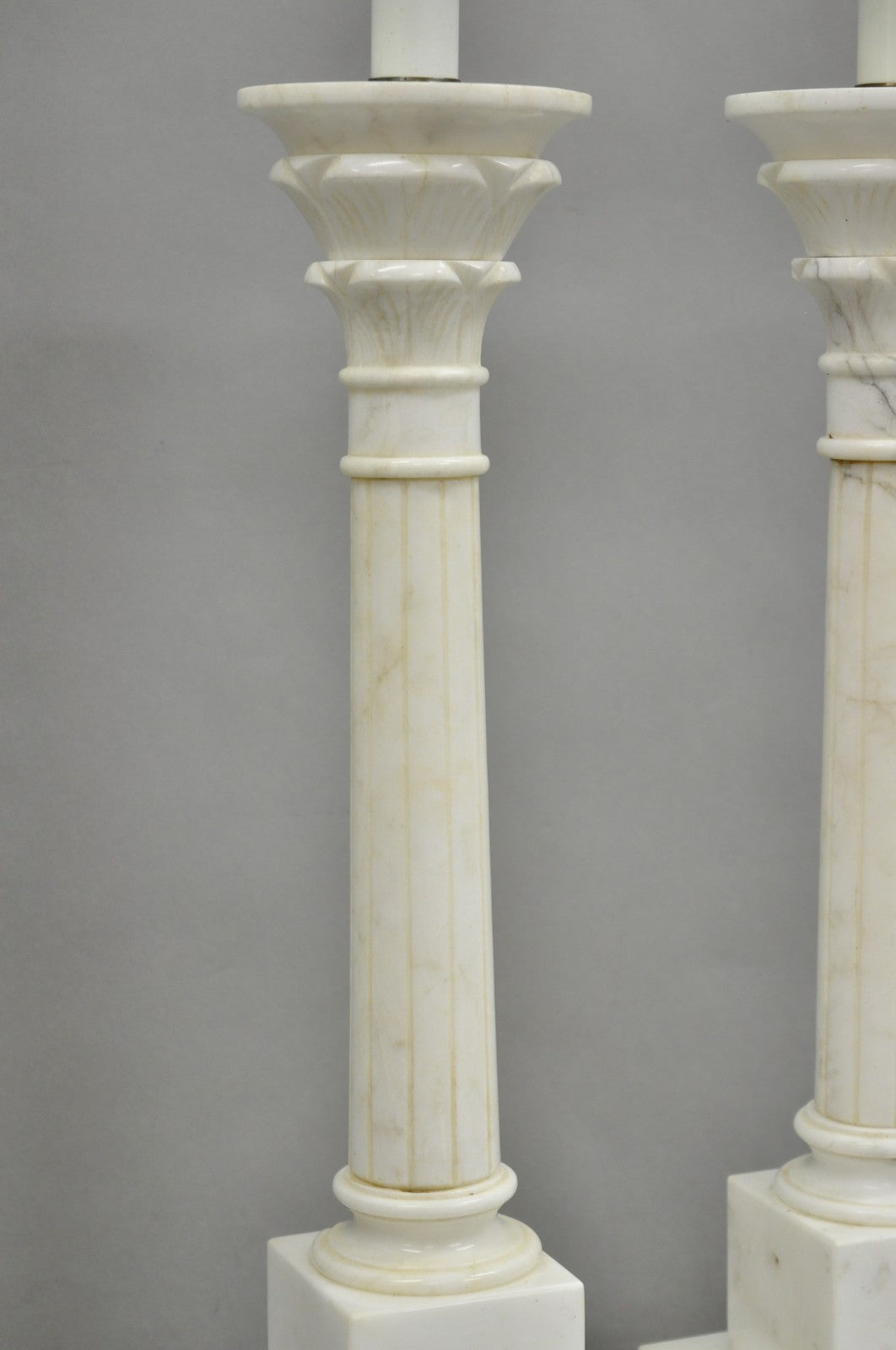 Vintage Italian Neoclassical White Carved Marble Empire Column Table Lamp Pair