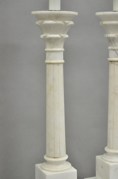 Vintage Italian Neoclassical White Carved Marble Empire Column Table Lamp Pair