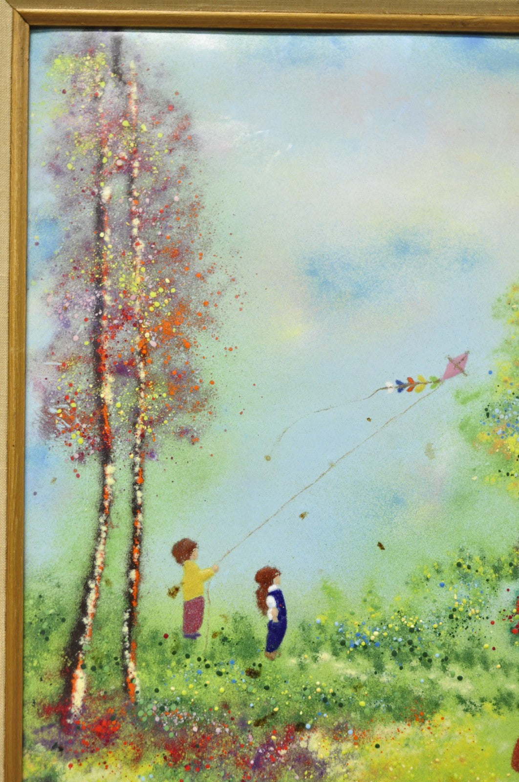 Vintage Louis Cardin Enamel on Copper Painting Framed "Woman with Boys & Kite"