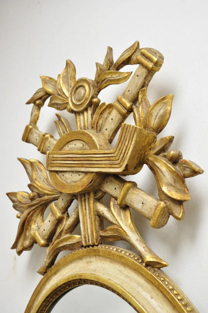 Antique Italian Regency Carved Wood Round Cream & Gold Wall Mirror by M Grieve