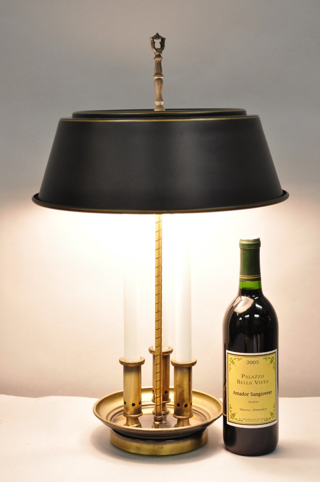 Vintage French Country Brass Candlestick Tole Metal Shade Bouilotte Desk Lamp