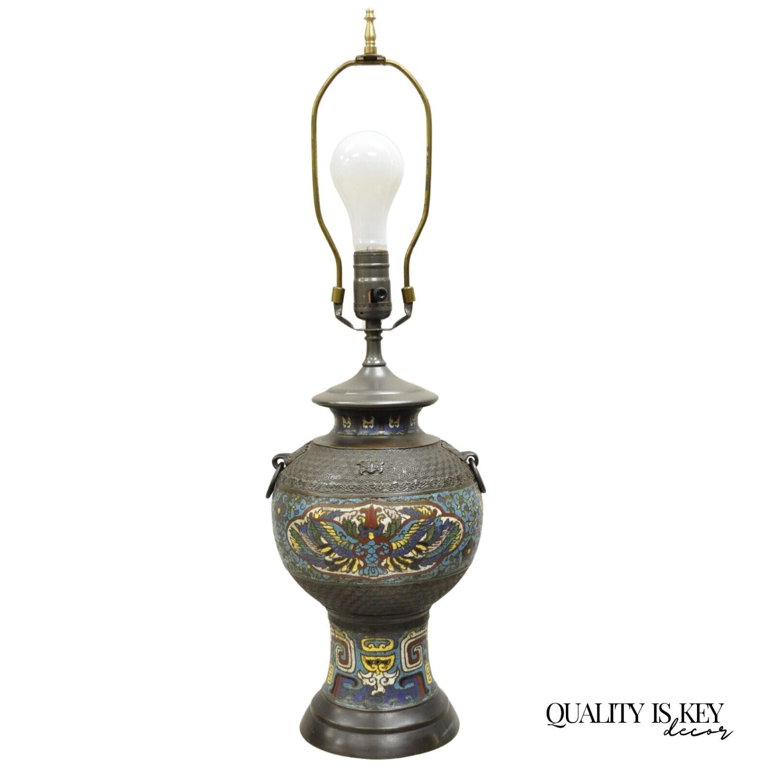 Antique Chinese Cloisonne Blue Porcelain Enamel  Bronze Figural Table Lamp