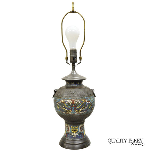 Antique Chinese Cloisonne Blue Porcelain Enamel  Bronze Figural Table Lamp