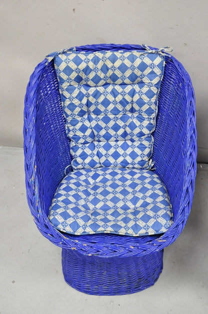Vintage Mid Century Modern Blue Painted Wicker Rattan Pod Club Chairs - a Pair
