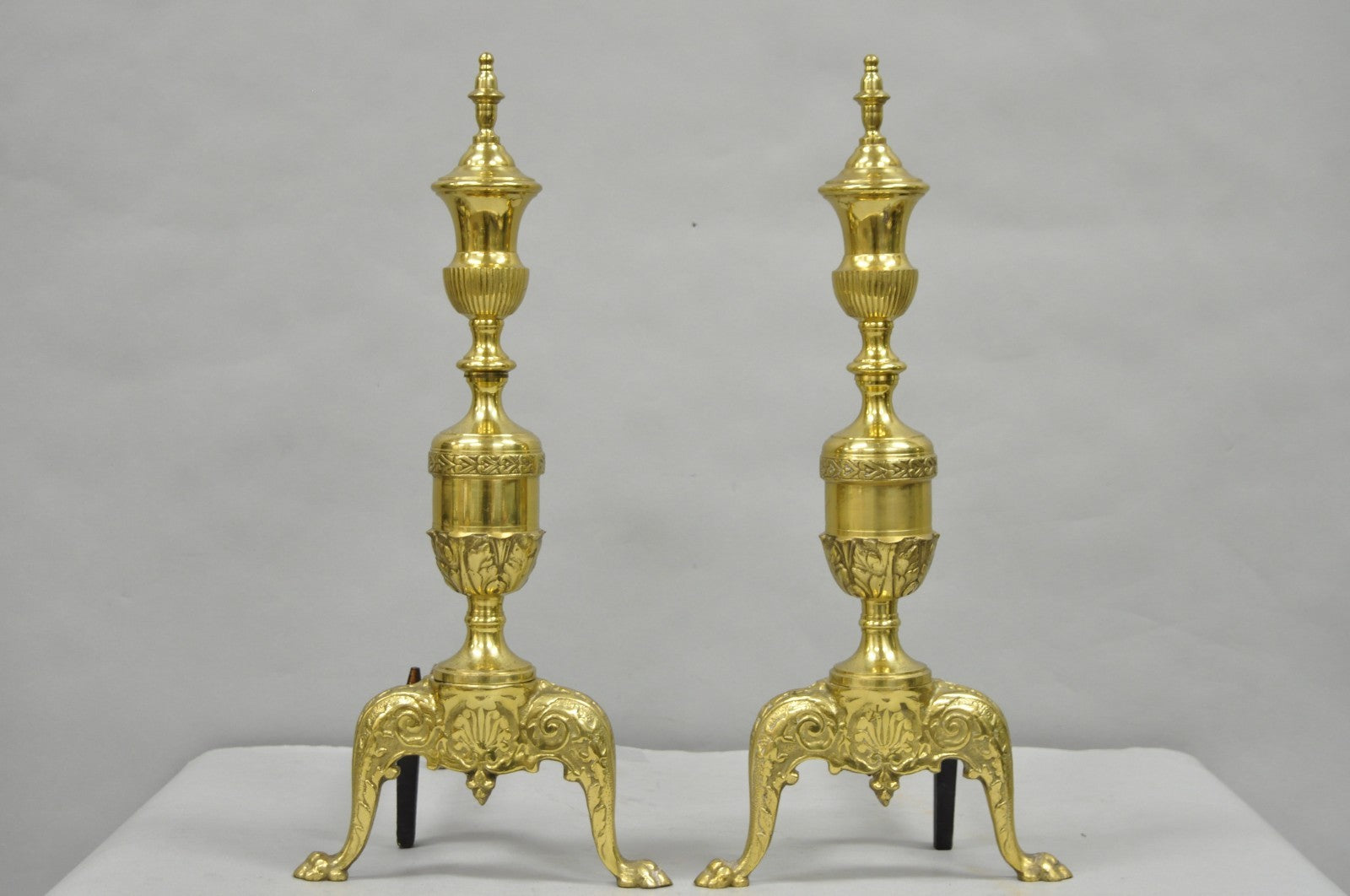 Antique French Empire Style Brass Paw Foot Column Cast Iron Andirons - a Pair