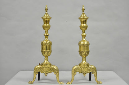 Antique French Empire Style Brass Paw Foot Column Cast Iron Andirons - a Pair