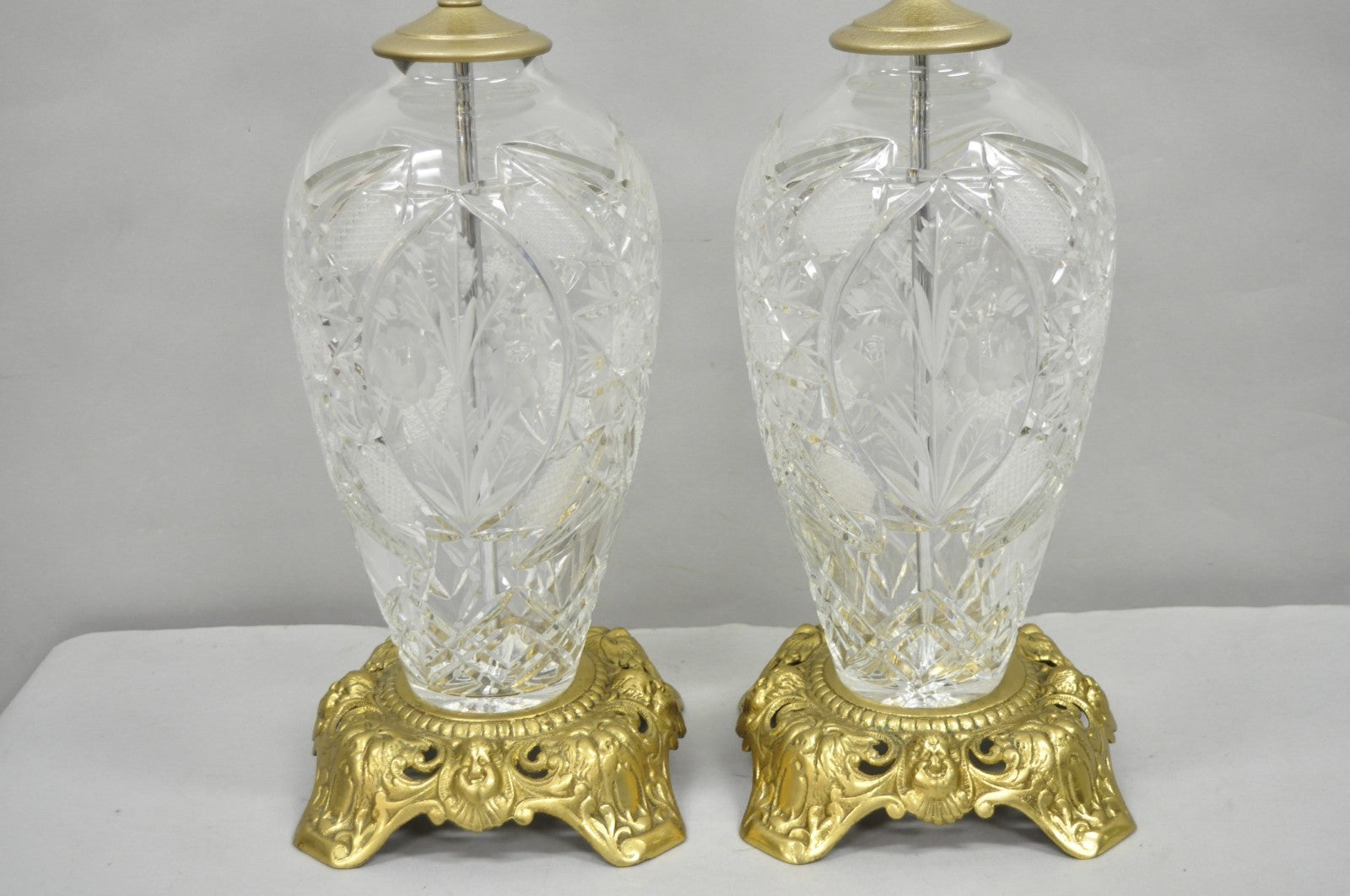 Vintage French Victorian Style Cut Crystal Glass Jardiniere Table Lamps - a Pair