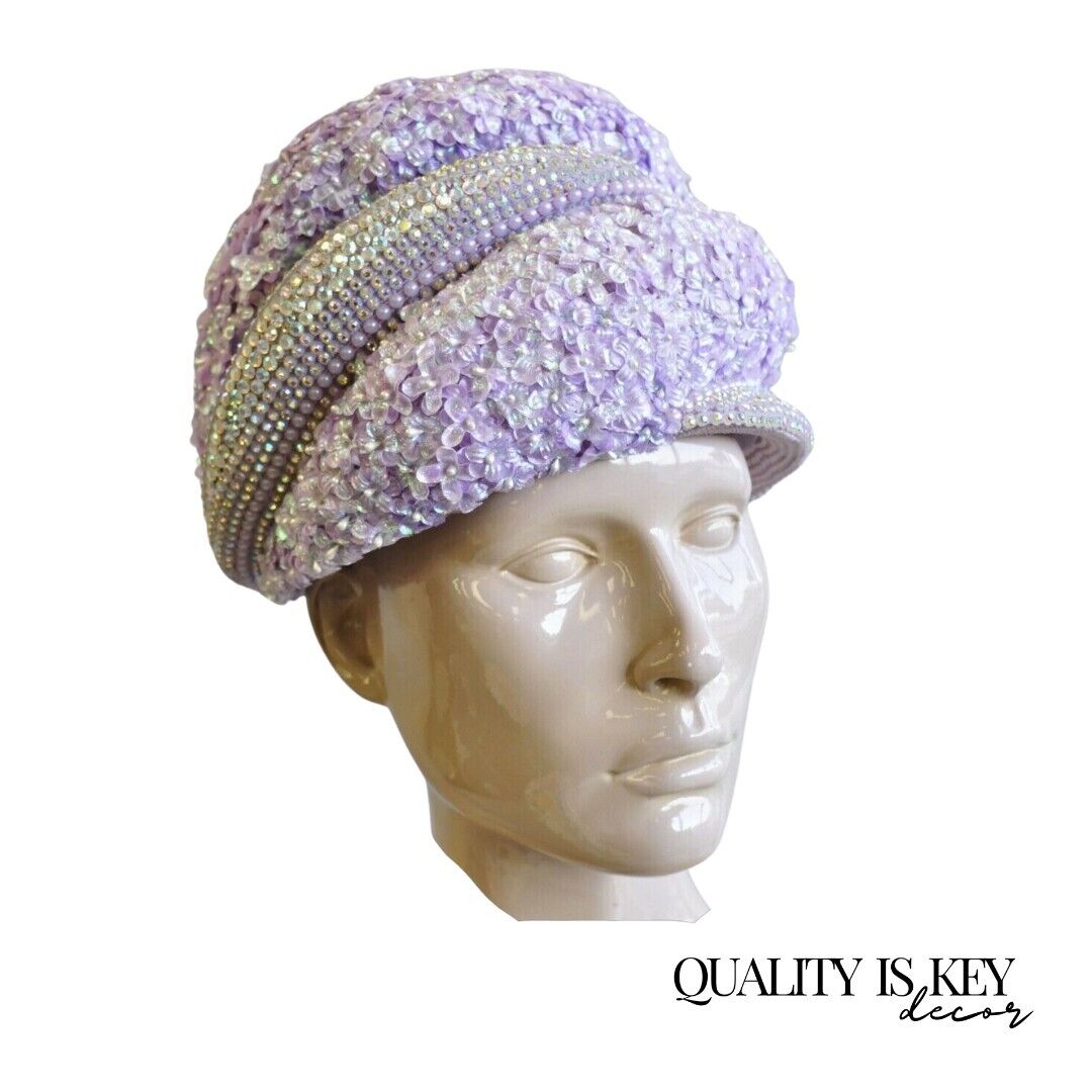 Vintage Bina Fashion Hats Purple Lavender Floral Jeweled Beaded Church Derby Hat