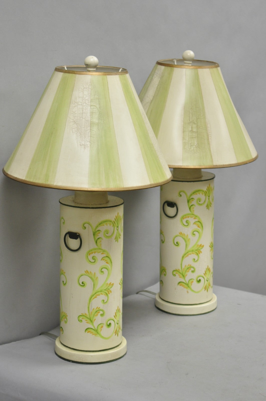 French Country Cream & Green Distressed Tole Metal Cylinder Table Lamps - a Pair