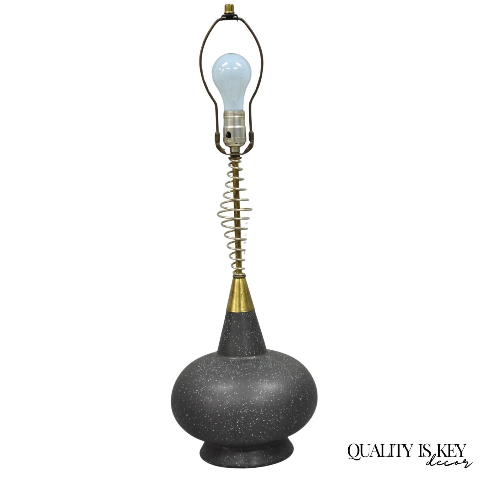 Vintage Mid Century Modern Black Bulbous Ceramic Pottery Table Lamp w/ Spring