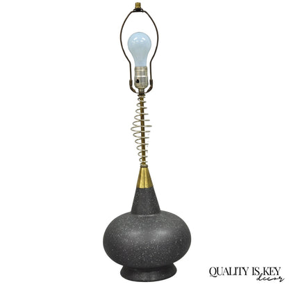 Vintage Mid Century Modern Black Bulbous Ceramic Pottery Table Lamp w/ Spring