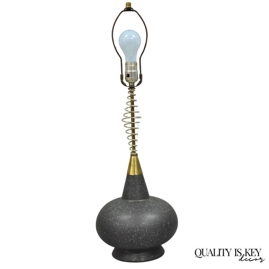Vintage Mid Century Modern Black Bulbous Ceramic Pottery Table Lamp w/ Spring