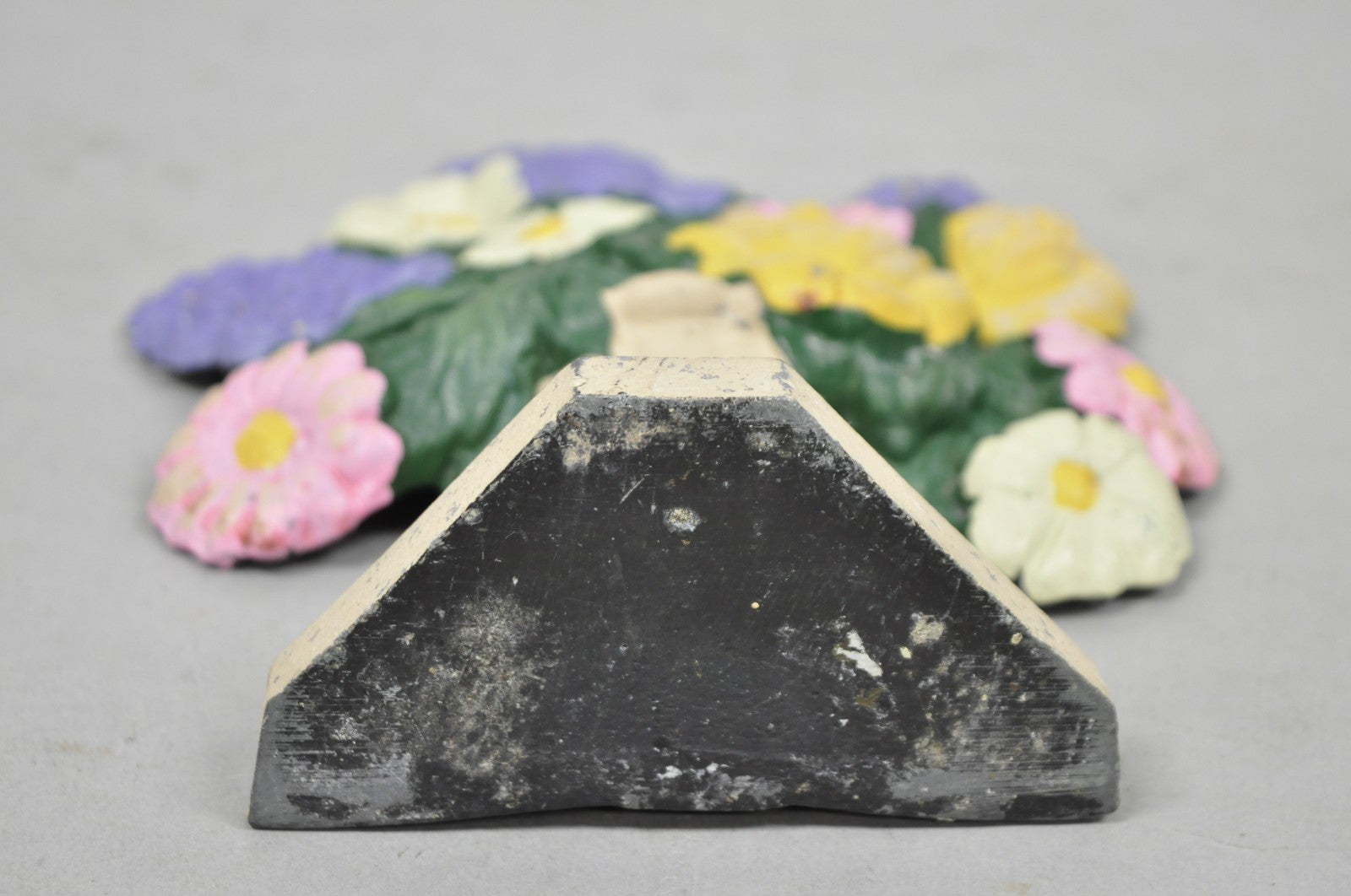 Antique Victorian Cast Iron Figural Floral Bouquet Basket Pink Painted Door Stop
