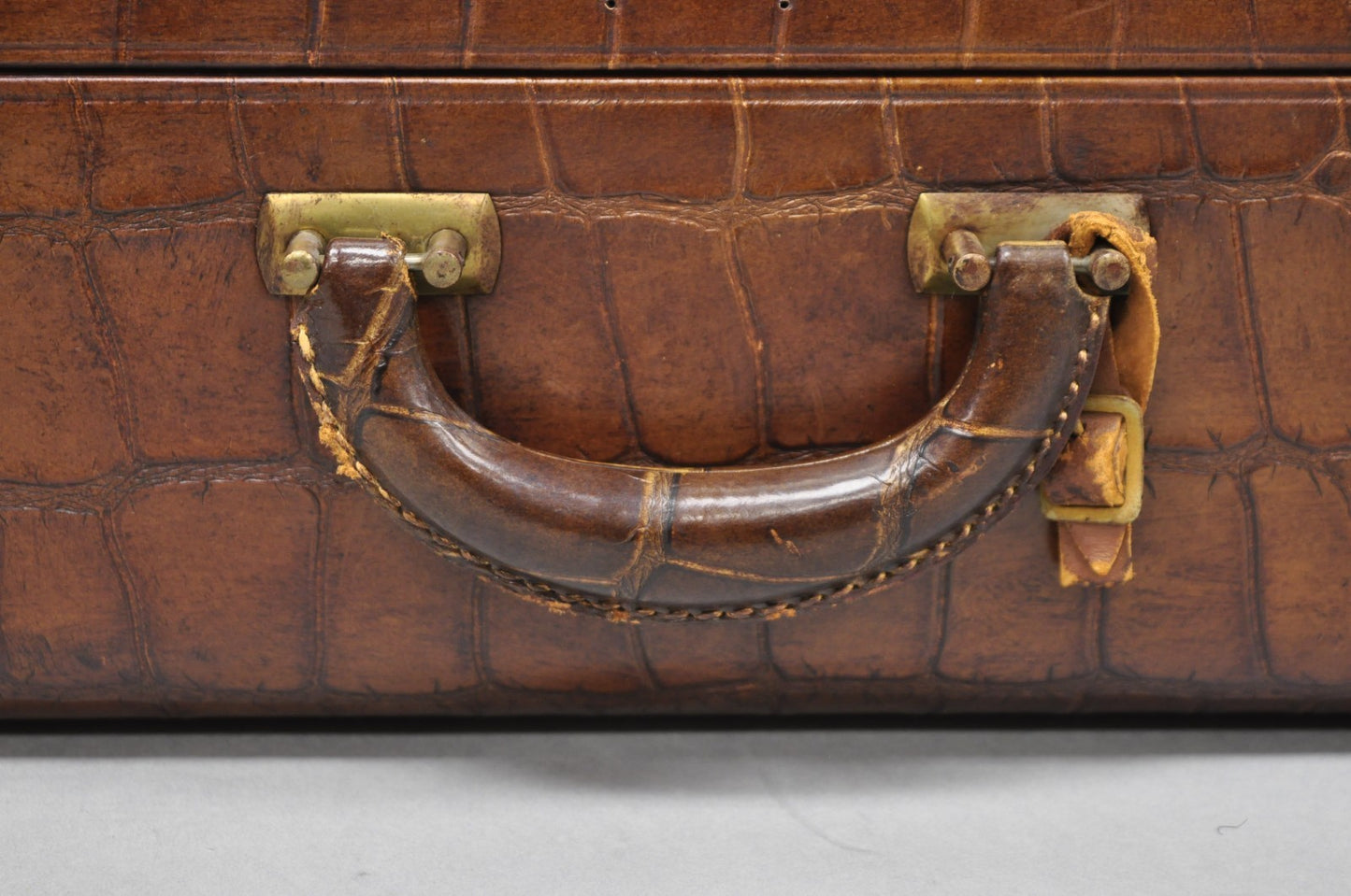 Vintage Art Deco Brown Leather Faux Crocodile Hard Case Suitcase Luggage