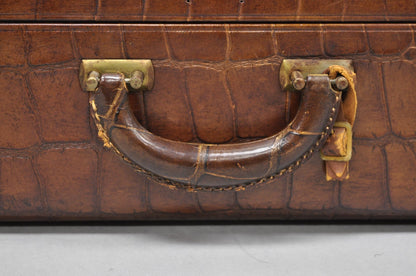Vintage Art Deco Brown Leather Faux Crocodile Hard Case Suitcase Luggage