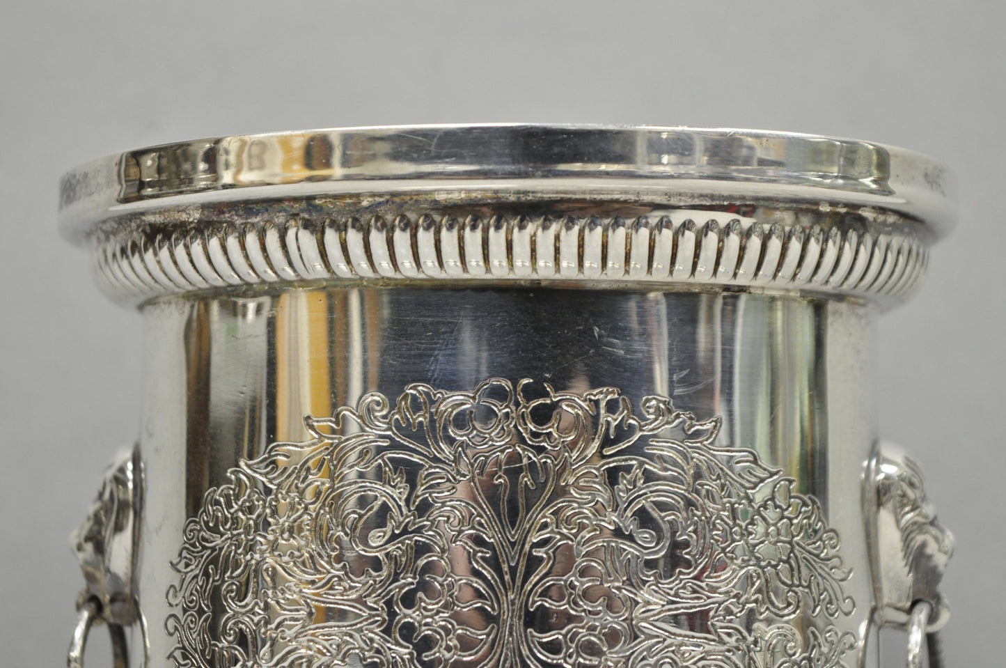 Vintage English Regency Silver Plated Small Lion Head Oval Desk Biscuit Barrel