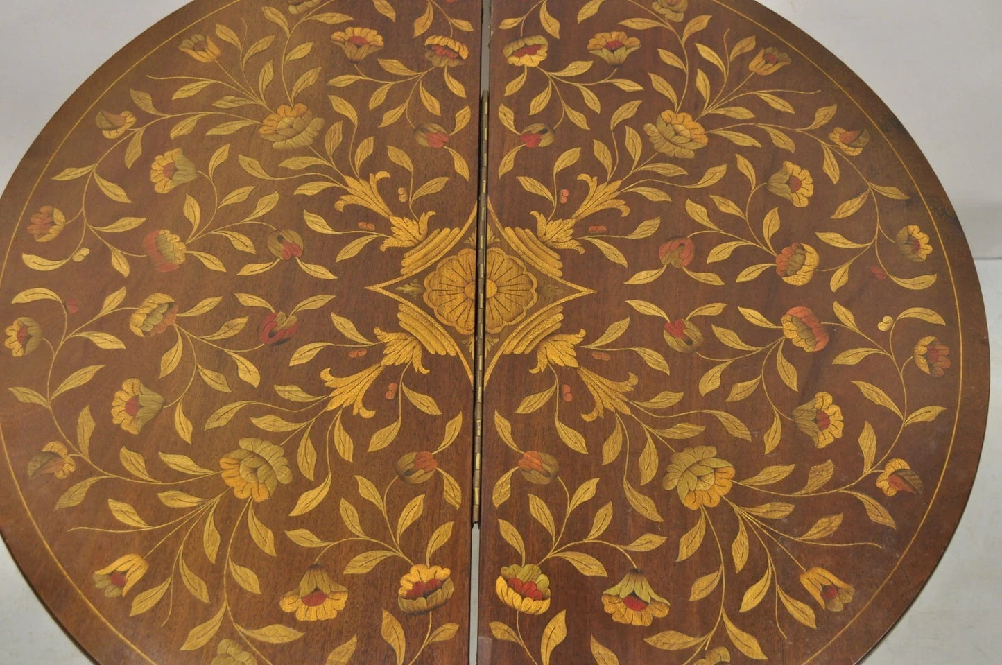 Antique Dutch Marquetry Inlay Flip Top Demilune Round Console Game Table
