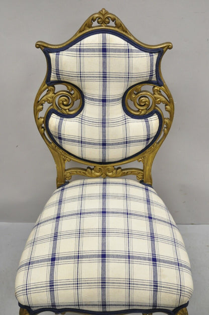 Antique French Victorian Gold Giltwood Scroll Carved Accent Side Chair