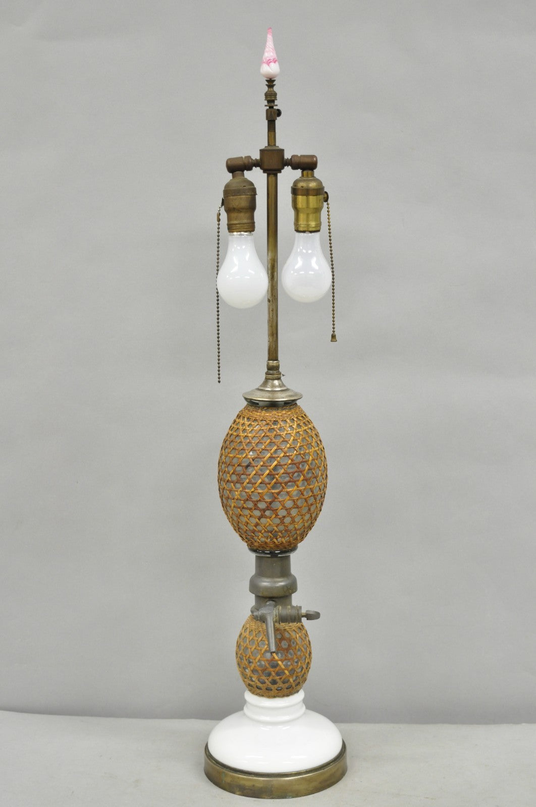 Antique French Victorian Rattan Wrapped Blown Glass Seltzer Bottle Table Lamp